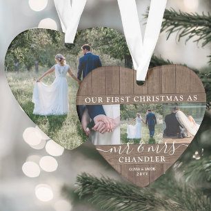 Ornamento Sr. & Sra. 4 Foto Primeiro Natal Rustic Faux Wood