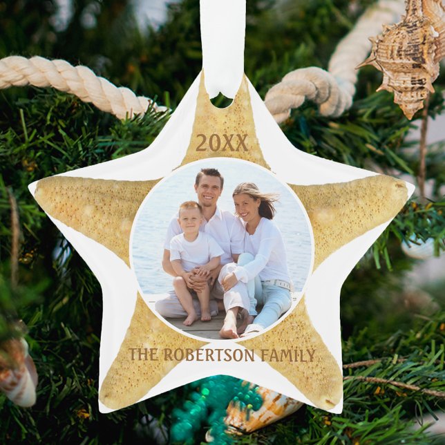 Ornamento Starfish Beach Christmas Family Photo White (Criador carregado)