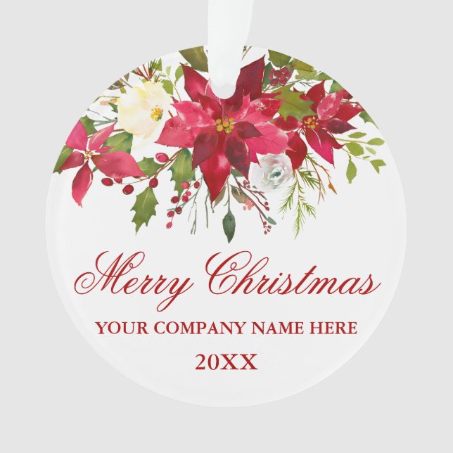 Ornamento Sua Empresa Watercolor Red Poinsettia Floral (Frente)