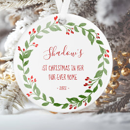 Ornamento Sua Foto do Gato 1rua Natal Watercolor Wreath