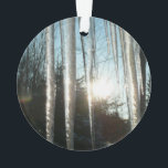 Ornamento Sunrise Através De Ícicletas Winter Nature Fotogra<br><div class="desc">Em Champion, Pensilvânia, tivemos uma tempestade de neve de Ação de Graças. Aqui está uma foto matinal do nascer do sol através dos grandes veículos que estavam pendurados no telhado. Veja nossa loja para mais paisagem de inverno. Esta imagem também é apresentada como o papel de parede panorâmico "Sunrise Through...</div>