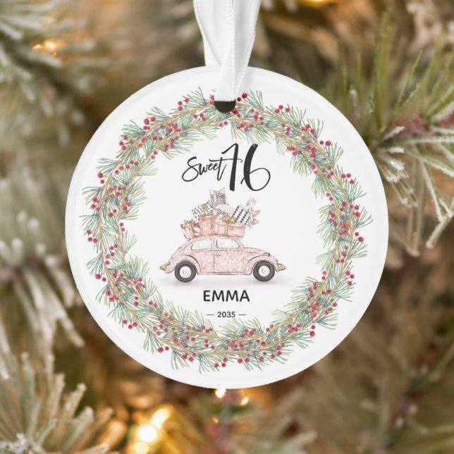 Ornamento Sweet 16 Birthday Keepsake Pink Car (Árvore)