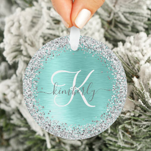 Ornamento Teal Brugado Metal Silver Glitter Nome Monograma