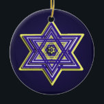 Ornamento tecido azul & amarelo da estrela de<br><div class="desc">Aperfeiçoe para Hanukkah ou em qualquer altura que do ano,  um fundo azul profundo ajusta-se fora de uma estrela de David intrincada no azul e no amarelo.</div>