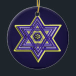 Ornamento tecido azul & amarelo da estrela de<br><div class="desc">Aperfeiçoe para Hanukkah ou em qualquer altura que do ano,  um fundo azul profundo ajusta-se fora de uma estrela de David intrincada no azul e no amarelo.</div>
