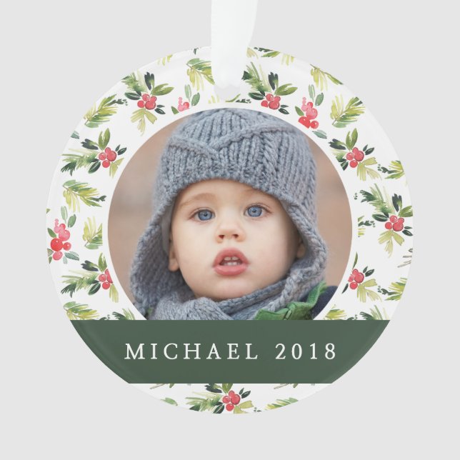 Ornamento Teste padrão do azevinho, da baga & do pinho do (Frente)