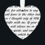 Ornamento Texto do orgulho e do preconceito frente e verso<br><div class="desc">Texto da cena final da proposta do orgulho e do preconceito de Jane Austen.</div>