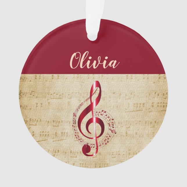 Ornamento Treble Clef Red Vintage Music Name (Frente)