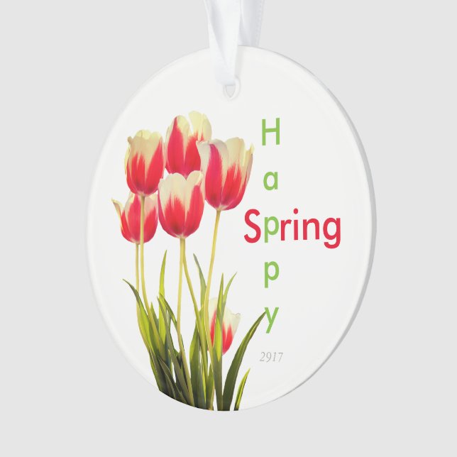 Ornamento Tulipas Vermelhas Felizes de Primavera com Data de (Frente)