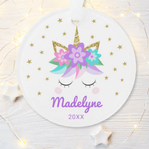 Ornamento Unicorn Flores Roxas Stars Nome Personalizado