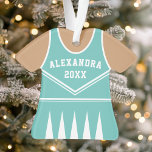 Ornamento Uniforme de Cheerleader Teal Personalizado<br><div class="desc">Celebre seu espírito cheerleader com este ornamento uniforme de cheerleader teal personalizado. Perfeito para comemorar uma estação especial,  equipe ou realização individual. Personalize-o com um nome e ano para criar uma manutenção exclusiva.</div>