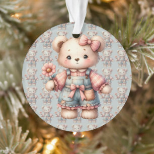 Ornamento Urso de pelúcia pastel segurando flor vestindo mac