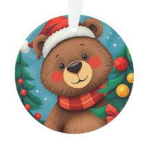 Urso em Santa Chapéu entre Árvores de Natal