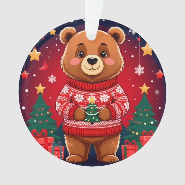Ornamento Urso Fofo de Suéter de Natal (Frente)