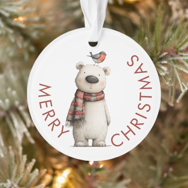 Ornamento Urso Polar Fofo e Robin Feliz Natal (Árvore)
