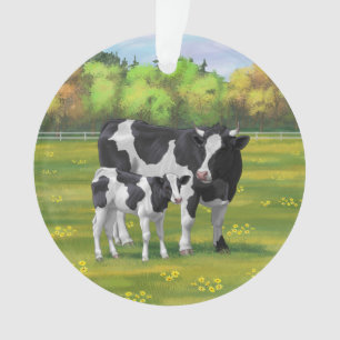 Ornamento Vaca Holstein e Vitelo Fresco na Pastagem de Verão