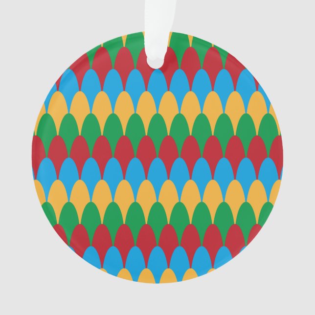 Ornamento Verde Azul Amarelo e Escalas Geométricas Vermelhas (Frente)