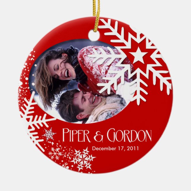 Ornamento (vermelho) da foto dos flocos de neve do (Frente)