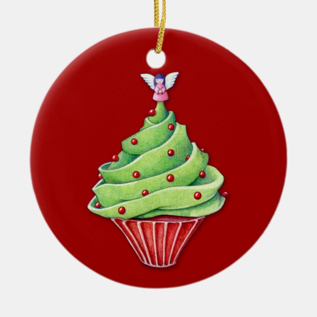 Ornamento vermelho de Cupcake de Árvore de Natal (Frente)