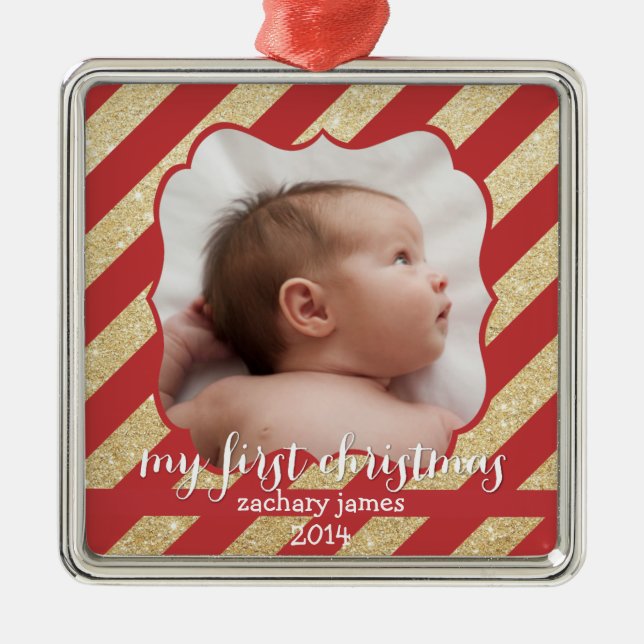 Ornamento vermelho e Dourado do meu primeiro Natal (Frente)