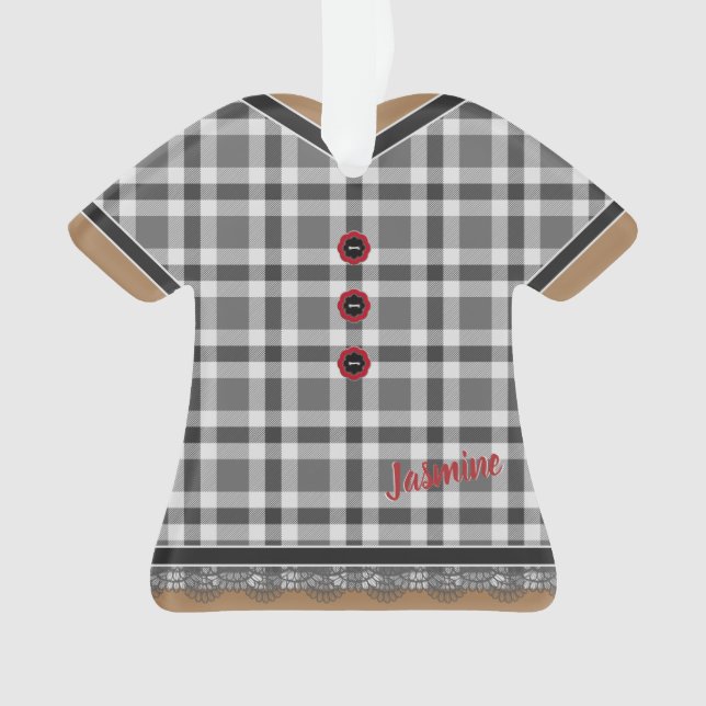 Ornamento Vestido de Xadrez de Cinza com inclinação personal (Frente)