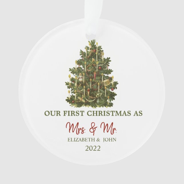 Ornamento Vintage Pine Tree Nosso Primeiro Natal (Frente)