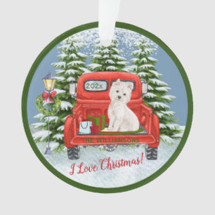 Ornamento Vintage Red Truck Westie Snow Trees Nome da Famíl