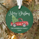 Ornamento Vintage Truck Christmas Green<br><div class="desc">Caligrafia moderna Script Watercolor Vintage Red Truck com Árvore de Natal - Ornamento Feliz de Natal - Verde</div>