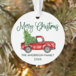 Ornamento Vintage Truck Green Christmas<br><div class="desc">Caligrafia moderna Script Watercolor Vintage Red Truck com Árvore de Natal - Ornamento Feliz de Natal - Verde</div>