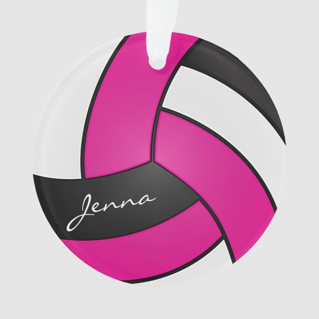 Ornamento Voleibol Rosa Quente, Branco e Negro (Frente)