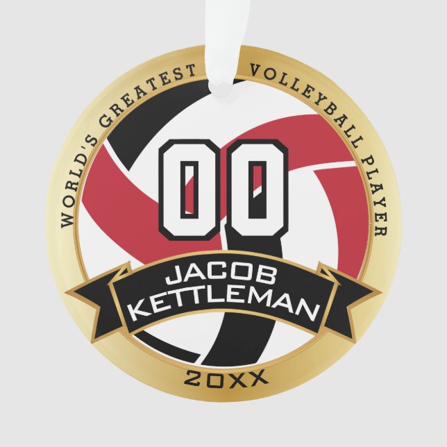 Ornamento Voleibol Vermelho, Negro e Branco | DIY Texto (Frente)