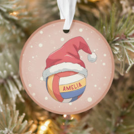 Ornamento Volleyball Ball with Red Santa Hat Name Christmas