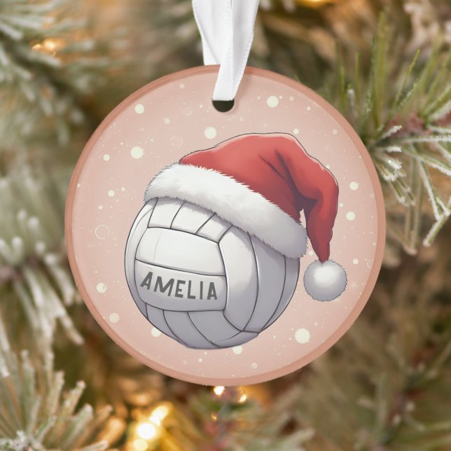 Ornamento Volleyball Ball with Red Santa Hat Name Christmas (Árvore)