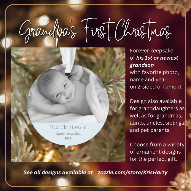 Ornamento Vovô 1rua Natal Personalizado Nome da Foto Ano (Grandpa's First Christmas with 1st or newest grandson. Gift him this forever keepsake he'll love.)