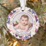 Ornamento Watercolor Floral Baby's First Christmas Photo<br><div class="desc">Uma bela lavanda pincelada de água, cor-de-rosa, arrojada e escura para a coroa floral roxa rodeia a foto do seu bebê precioso no centro, enquadrada por um anel interior de lavanda escura e um anel circular externo rosa e pincelado e o texto "Primeiro Natal do Bebê". Basta adicionar o nome...</div>