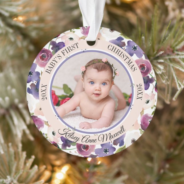 Ornamento Watercolor Floral Baby's First Christmas Photo (Árvore)