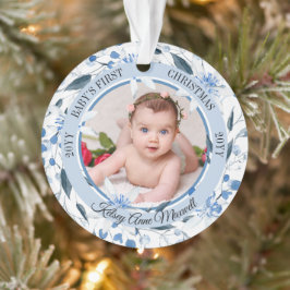 Ornamento Watercolor Floral Baby's First Christmas Photo