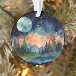 Ornamento Watercolor Nightsky na floresta com Lua Completa