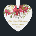 Ornamento Watercolor Poinsettia Floral Primeiro Natal Dourad<br><div class="desc">Elegante Watercolor Red Poinsettia Floral Nosso Primeiro Ornamento De Natal - Script Dourado</div>