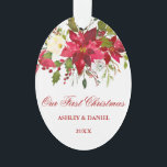 Ornamento Watercolor Poinsettia Floral Primeiro Natal Rd<br><div class="desc">Elegante Watercolor Red Poinsettia Floral Nosso Primeiro Ornamento De Natal - Script Vermelho</div>