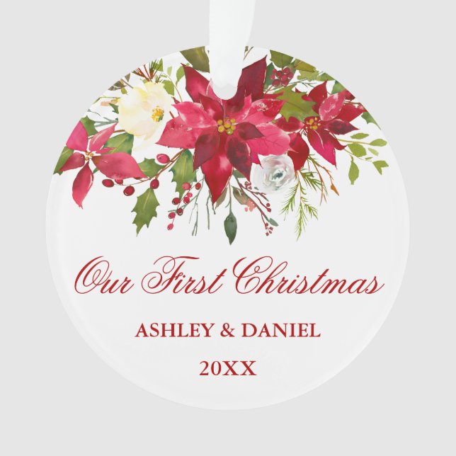 Ornamento Watercolor Red Poinsettia Floral Primeiro Natal (Frente)