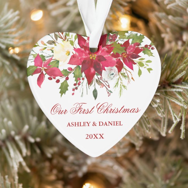 Ornamento Watercolor Red Poinsettia Floral Primeiro Natal (Árvore)
