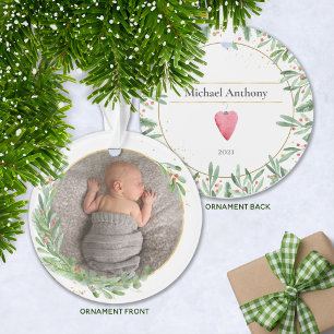 Ornamento White "First Noel" Foto de Natal Greenery Baby