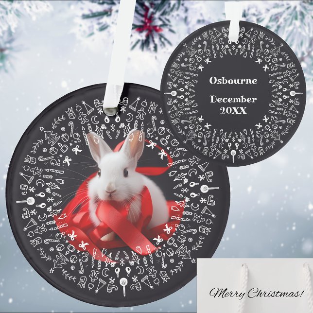 Ornamento White rabbit with red ribbon on Black Holiday (Criador carregado)