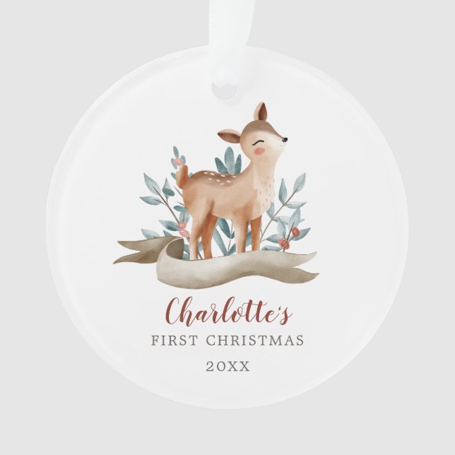 Ornamento Woodland Deer Baby Girl Primeiro Foto De Natal (Frente)