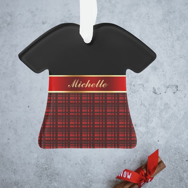 Ornamento Xadrez Elegante de Buffalo e Fita Vermelha (Criador carregado)