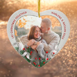 Ornamento Xmas de Foto de Frame de Pine Silver e Holly Perso<br><div class="desc">Moldura prateada com enfeite e ornamento de pinheiro para mostrar sua própria memória especial. A forma do coração é um símbolo perfeito para o amor. A brilhante e brilhante borda prateada circunda suas fotos memoriais. A fita sagrada, pinheira e seda completa toda a design com uma atmosfera alegre da época...</div>