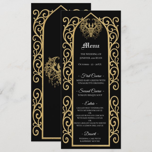 Ornate border black and gold Gothic Wedding Menu (Frente/Verso)