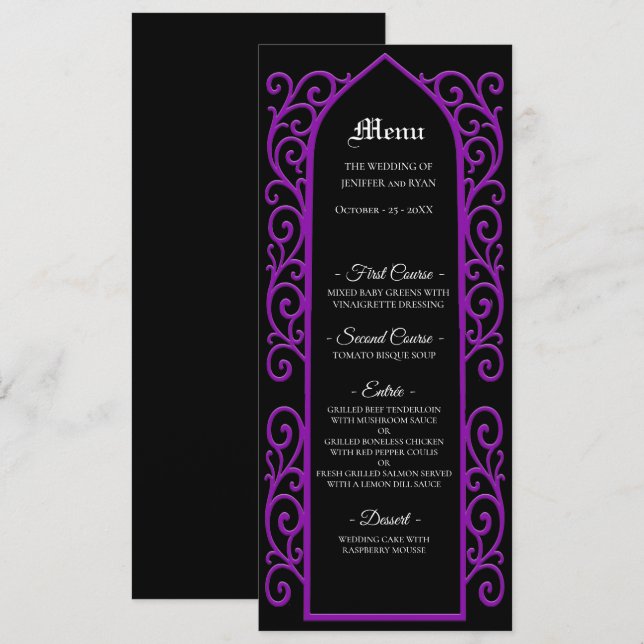 Ornate border black and purple Gothic Wedding Menu (Frente/Verso)
