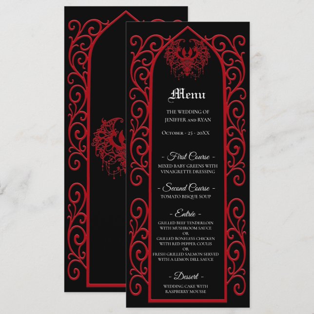 Ornate border black and red Gothic Wedding Menu (Frente/Verso)